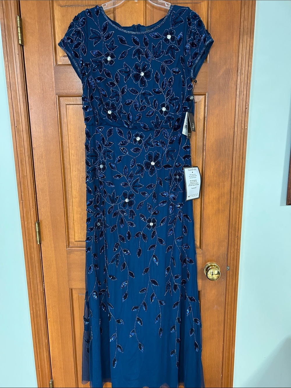 Adrianna Papell Navy Beaded Floral Maxi Dress